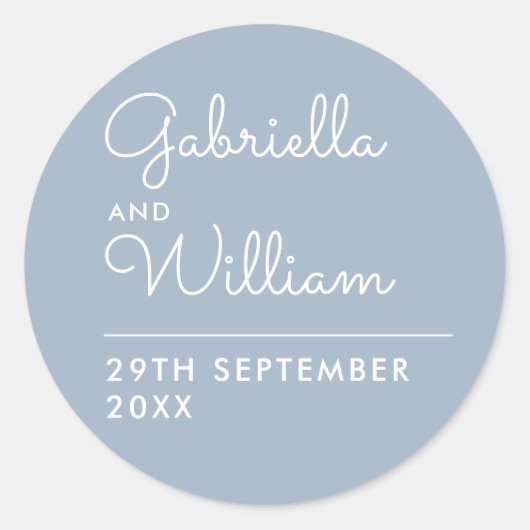 Elegant Dusty Blue Script-Gastgeschenk Hochzeit Runder Aufkleber (Vorderseite)