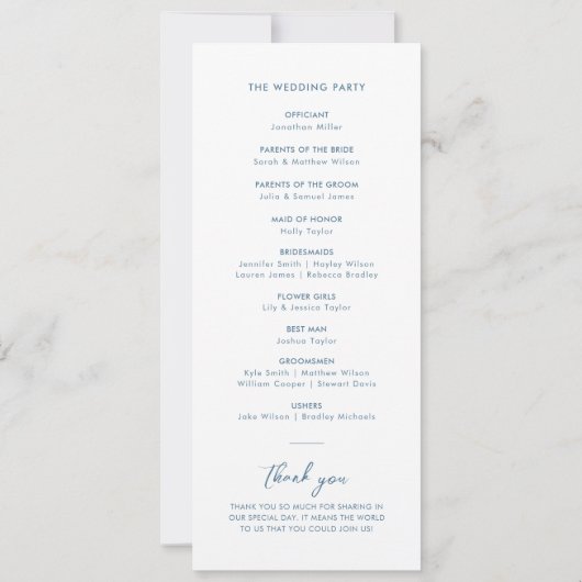Elegant Dusty Blue Script Minimal Wedding Program Einladung (Rückseite)