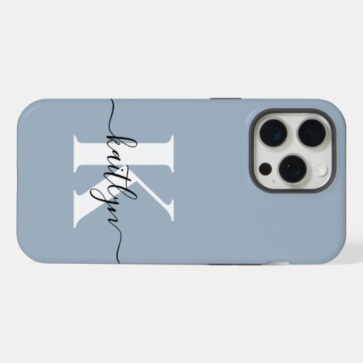Elegant Dusty Blue Script Monogram iPhone Hülle (Rückseite (Horizontal))