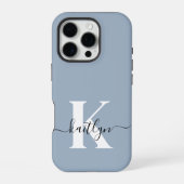 Elegant Dusty Blue Script Monogram iPhone Hülle (Rückseite)