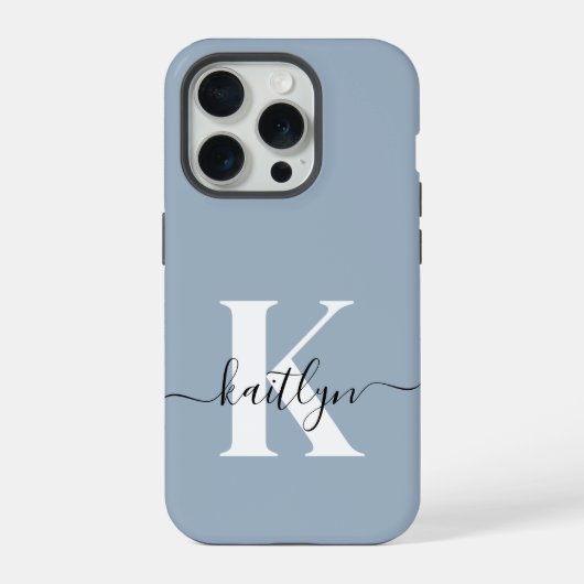 Elegant Dusty Blue Script Monogram iPhone Hülle (Rückseite)