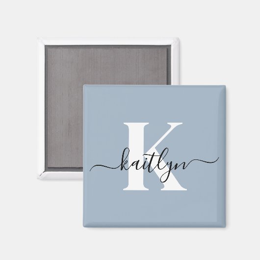 Elegant Dusty Blue Script Monogram Magnet (Vorderseite/Rückseite)