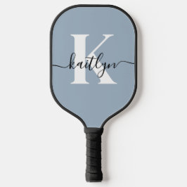 Elegant Dusty Blue Script Monogram Pickleball Schläger