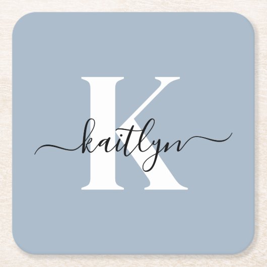 Elegant Dusty Blue Script Monogram Rechteckiger Pappuntersetzer (Vorderseite)