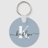 Elegant Dusty Blue Script Monogram Schlüsselanhänger (Rückseite)