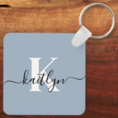 Elegant Dusty Blue Script Monogram Schlüsselanhänger (Rückseite)