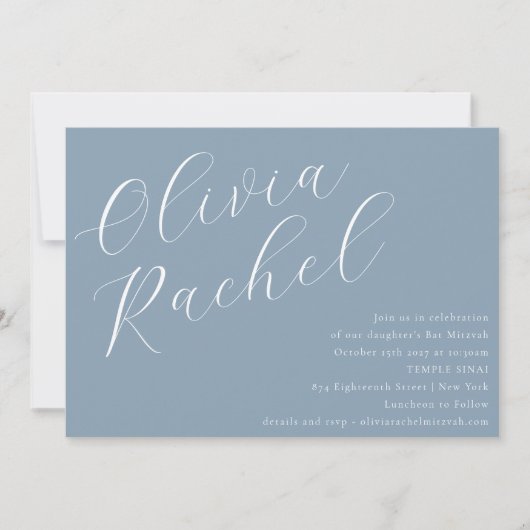 Elegant Dusty Blue Script Name Minimal Bat Mitzvah Einladung (Vorderseite)