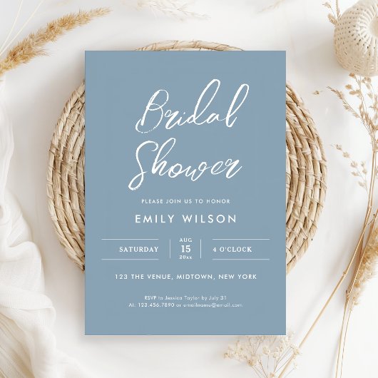 Elegant Dusty Blue Script Typography Bridal Shower Einladung
