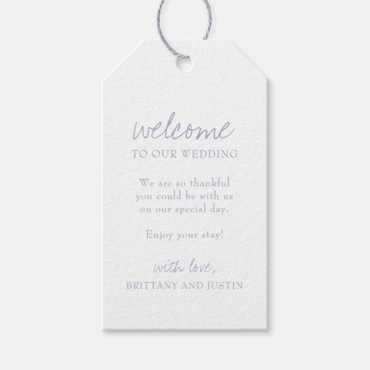 Elegant Dusty Blue Script Wedding Begrüßungsgesche Geschenkanhänger (Vorderseite)