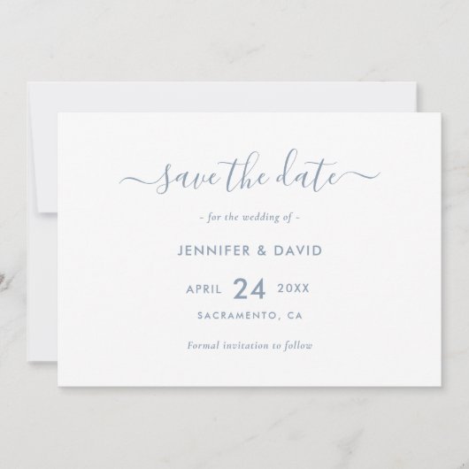 Elegant Dusty Blue Script Wedding Save the Date (Vorderseite)
