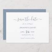 Elegant Dusty Blue Script Wedding Save the Date (Vorne/Hinten)