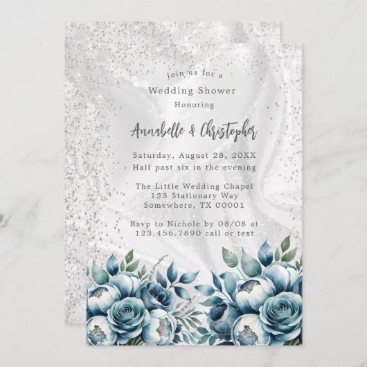 Elegant Dusty Blue Silver Bouquet Polterabend Einladung (Vorne/Hinten)