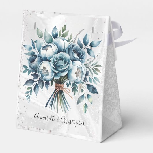 Elegant Dusty Blue Silver Bouquet Wedding Geschenkschachtel (Rückseite)
