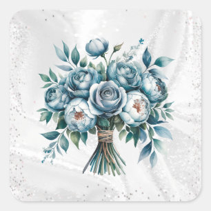 Elegant Dusty Blue Silver Bouquet Wedding Quadratischer Aufkleber