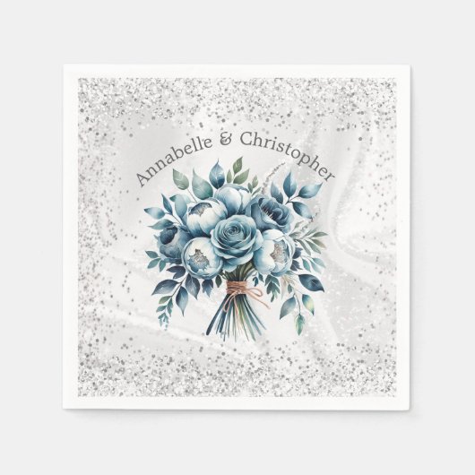 Elegant Dusty Blue Silver Bouquet Wedding Serviette (Vorderseite)