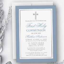Elegant Dusty Blue Silver First Holy Communion Einladung
