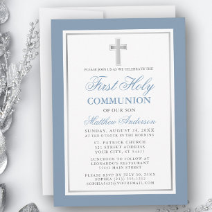 Elegant Dusty Blue Silver First Holy Communion Einladung