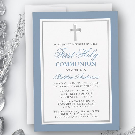 Elegant Dusty Blue Silver First Holy Communion Einladung