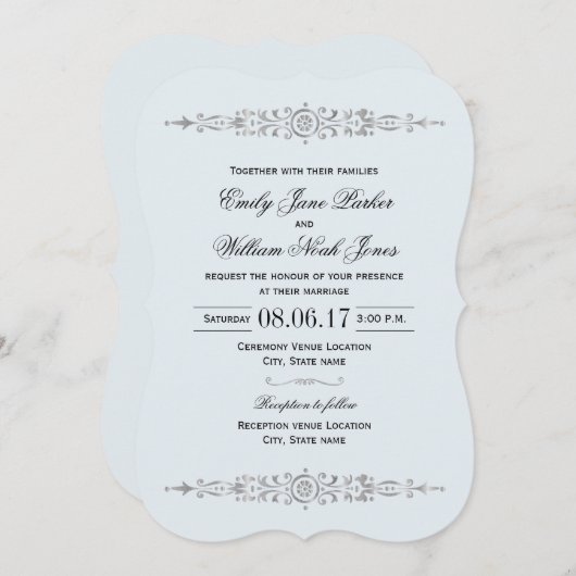 Elegant Dusty Blue Silver Wedding Einladung (Vorne/Hinten)