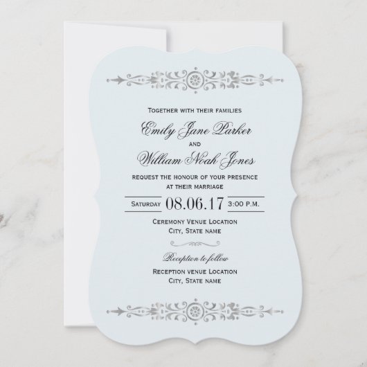 Elegant Dusty Blue Silver Wedding Einladung (Vorderseite)