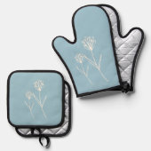 Elegant Dusty Blue Simple Flower Name Ofenhandschuh & Topflappen-Set (Vorderseite/Rückseite)
