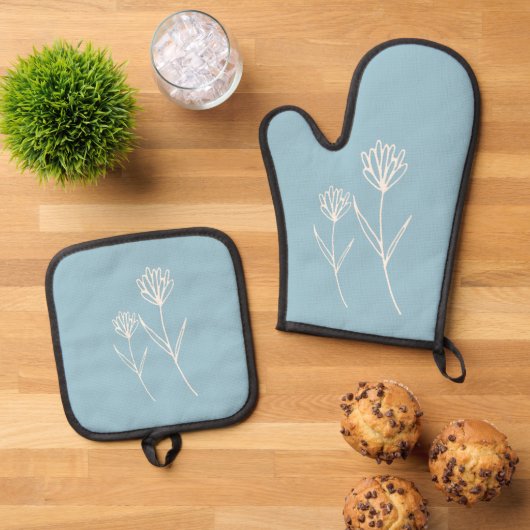 Elegant Dusty Blue Simple Flower Name Ofenhandschuh & Topflappen-Set (Oben Unten)