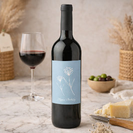 Elegant Dusty Blue Simple Flower  Weinetikett