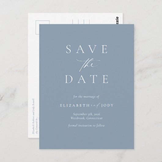 Elegant Dusty Blue Simple Save The Date Postkarte (Vorne/Hinten)