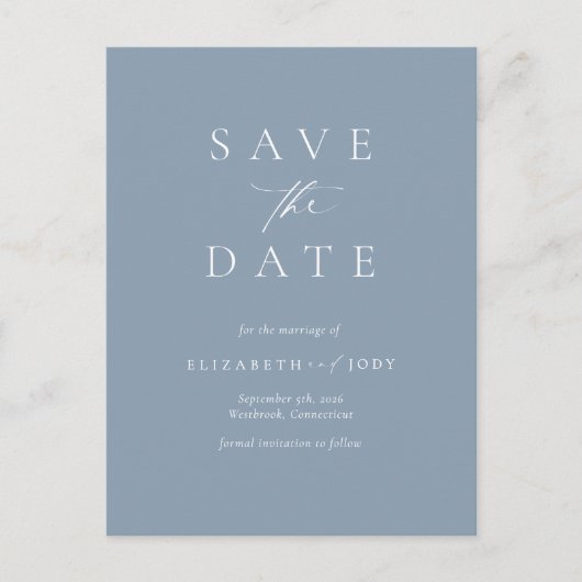 Elegant Dusty Blue Simple Save The Date Postkarte (Vorderseite)