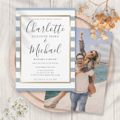 Elegant Dusty Blue Stripe Script Foto Wedding Einladung