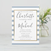 Elegant Dusty Blue Stripe Script Wedding Einladung (Stehend Vorderseite)