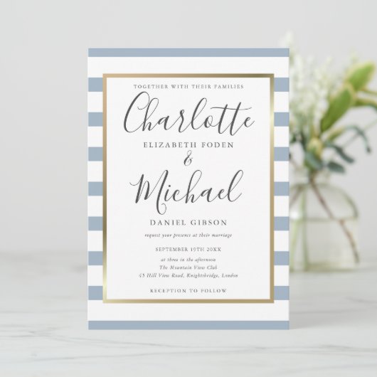 Elegant Dusty Blue Stripe Script Wedding Einladung (Stehend Vorderseite)
