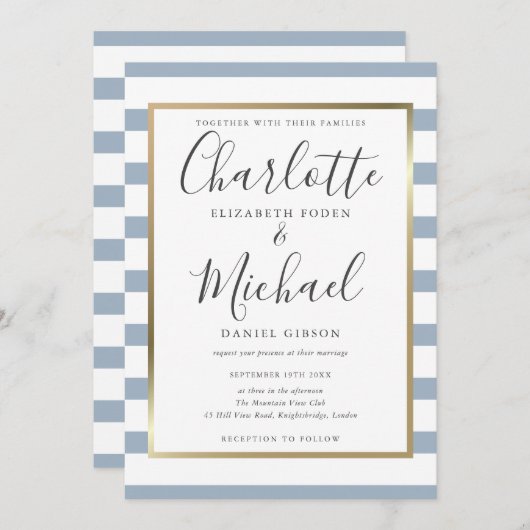 Elegant Dusty Blue Stripe Script Wedding Einladung (Vorne/Hinten)