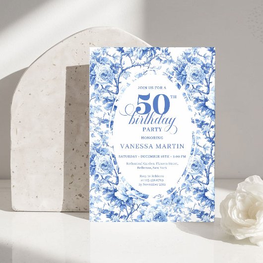 Elegant Dusty Blue Toile de Jouy 50th Birthday  Einladung
