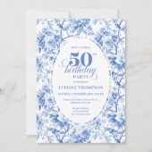 Elegant Dusty Blue Toile de Jouy 50th Birthday  Einladung (Vorderseite)