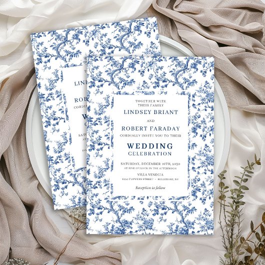 Elegant Dusty Blue Toile Floral Wedding Invitation Einladung