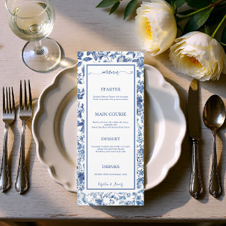 Elegant Dusty Blue Toile Floral Wedding Reception Menükarte