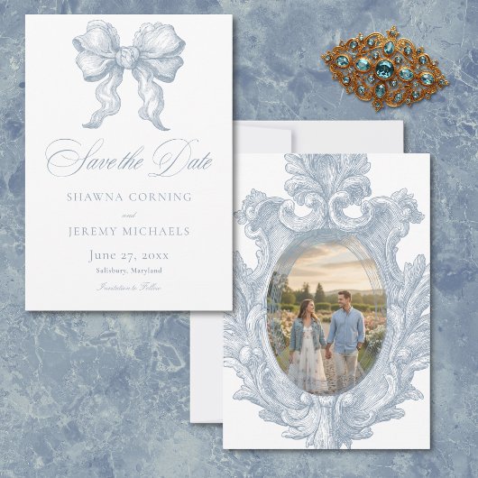 Elegant Dusty Blue Toile French Manor Photo Save The Date