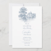 Elegant Dusty Blue Toile French Manor Wedding Einladung (Vorderseite)