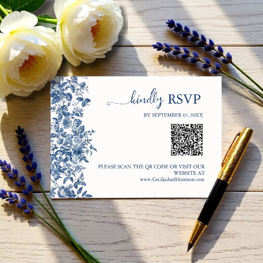 Elegant Dusty Blue Toile QR Code Wedding RSVP Karte