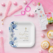 Elegant Dusty Blue Transparent Floral Taufe Pappteller (Party)