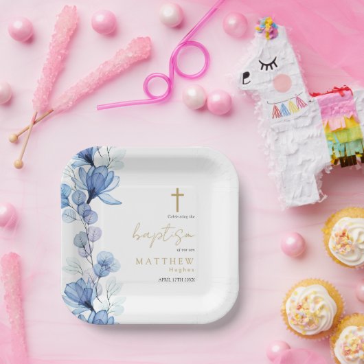 Elegant Dusty Blue Transparent Floral Taufe Pappteller (Party)