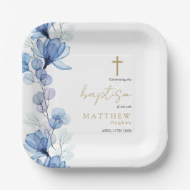 Elegant Dusty Blue Transparent Floral Taufe Pappteller