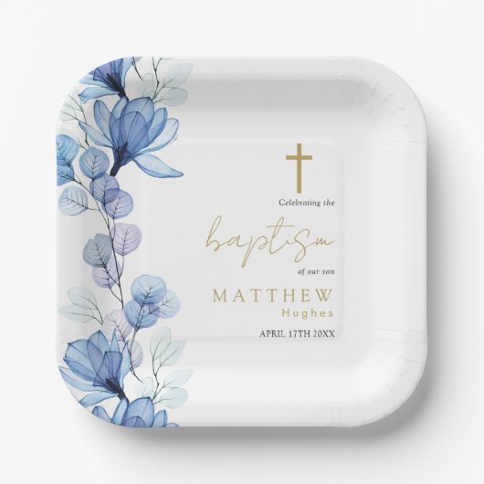 Elegant Dusty Blue Transparent Floral Taufe Pappteller (Vorderseite)