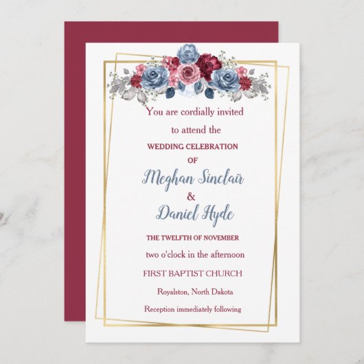 Elegant Dusty Blue und Burgundy Wedding Einladung (Vorne/Hinten)