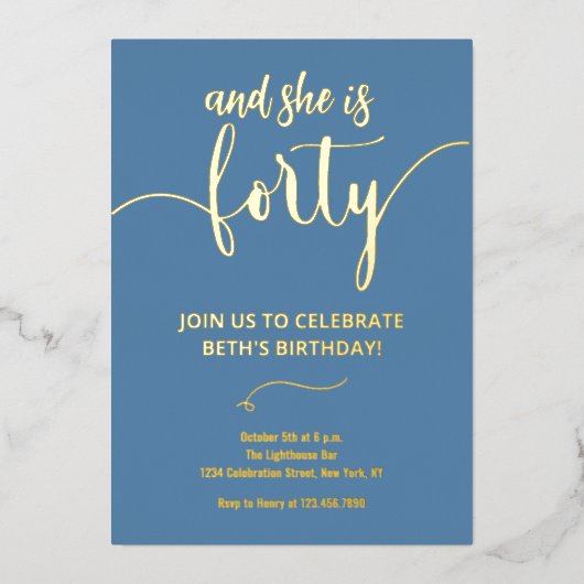 Elegant Dusty Blue und Gold 40 BIRTHDAY CARD Folieneinladung (Vorderseite)