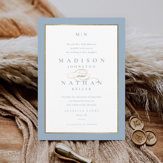 Elegant Dusty Blue und Gold Wedding Einladung