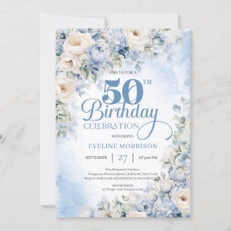 Elegant Dusty Blue und Ivory Blume 50. Geburtstag Einladung