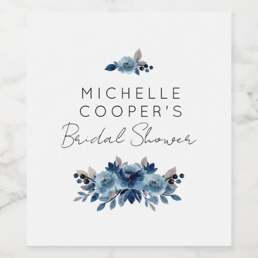 Elegant Dusty Blue und Navy Floral Weinetikett (Einzelnes Label)