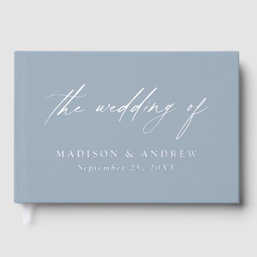 Elegant Dusty Blue und Silver Calligraphy Wedding Gästebuch (Vorderseite)